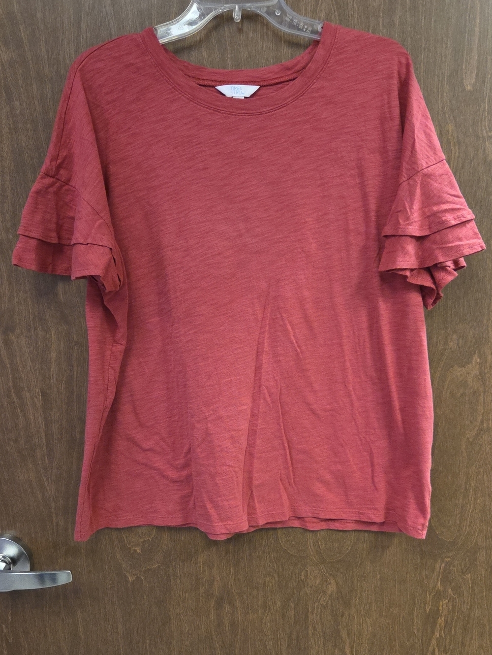 Time and Tru Brick Red Ruffle Sleeve Crewneck Tee